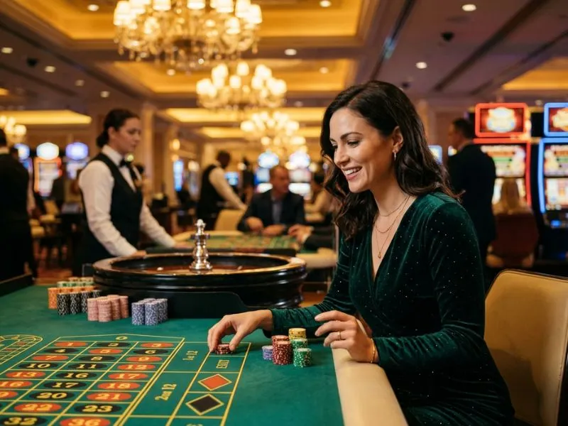 Woman reaching for casino chips at TMTPlay best online casino.