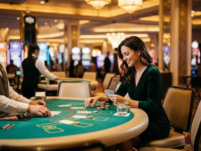 Woman sitting at a casino table ready to bet at TMTPlay best online casino.